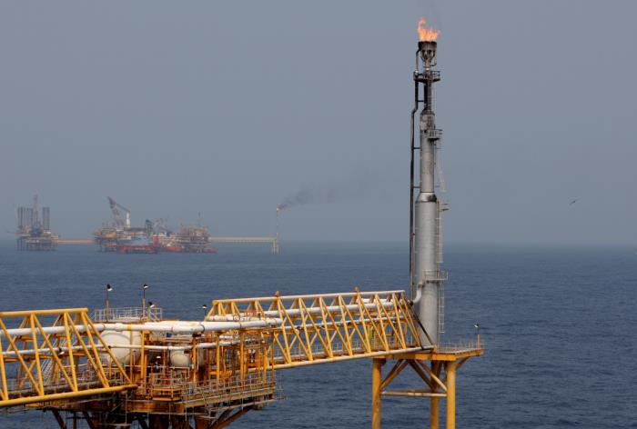 A fuel burner is seen at Mexico's state-run oil mo<em></em>nopoly Pemex platform 