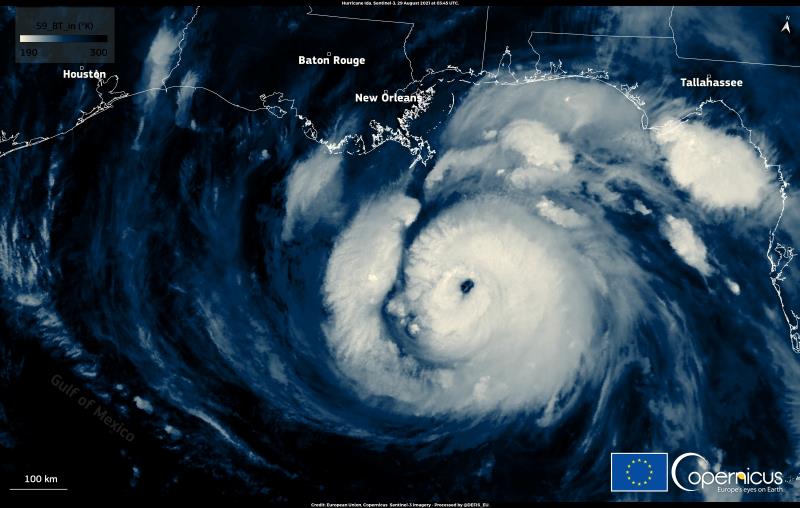 A satellite image shows Hurricane Ida in the Gulf of Mexico August 29, 2021. European Unio<em></em>n, Copernicus Sentinel-3 Imagery, Processed by DG DEFIS/Handout via REUTERS   