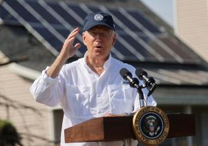 U.S. President Joe Biden delivers remarks as he tours a neighbourhood hit by Hurricane Ida in LaPlace, Louisiana, U.S. September 3, 2021. REUTERS/Jo<em></em>nathan Ernst