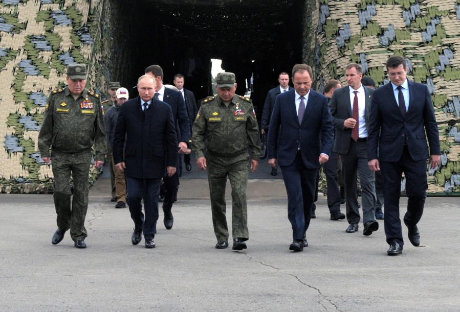 Russian President Vladimir Putin, Defence Minister Sergei Shoigu, Chief of the General Staff of Russian Armed Forces Valery Gerasimov and officials visit the Mulino training ground to observe the military exercises 