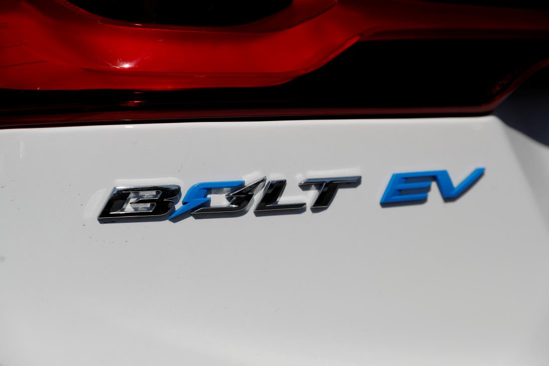 A close-up view of the Chevrolet Bolt electric vehicle logo is seen at Stewart Chevrolet in Colma, California, U.S., October 3, 2017. REUTERS/Stephen Lam