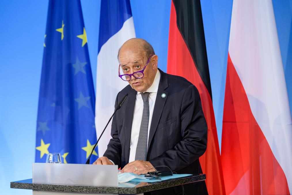 French Foreign Minister Jean-Yves Le Drian attends a joint news co<em></em>nference at the Bauhaus University in Weimar, Germany September 10, 2021.  Jens Schlueter/Pool via REUTERS