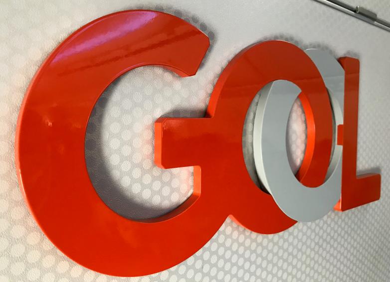 The logo of Brazilian airline Gol Linhas Aereas Inteligentes SA is seen inside an airplane at Augusto Severo Internatio<em></em>nal Airport in Natal, Brazil November 23, 2018.  REUTERS/Paulo Whitaker