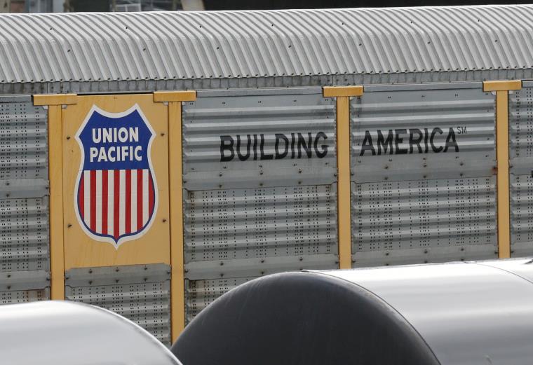 A Unio<em></em>n Pacific rail car is parked at a Burlington Northern Santa Fe (BNSF) train yard in Seattle, Washington, U.S., February 10, 2017.  REUTERS/Chris Helgren