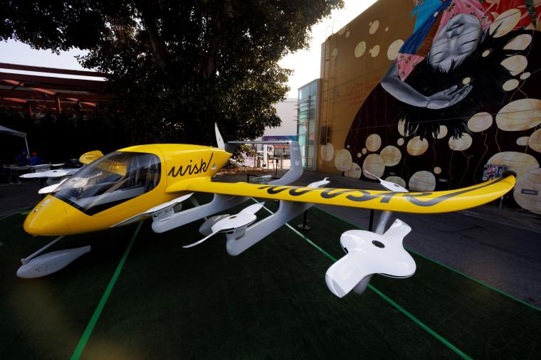 The Wisk aircraft, a joint venture between The Boeing Company and Kitty Hawk Corporation, is shown on display as the innovative transportation and technology co<em></em>nference CoMotion LA is set to begin in Los Angeles, California, U.S. November, 16, 2021.  REUTERS/Mike Blake/File Photo