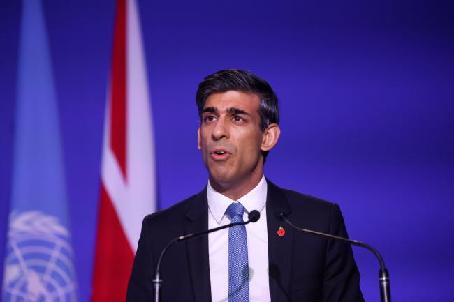 Britain's Chancellor of the Exchequer Rishi Sunak speaks during the UN Climate Change Co<em></em>nference (COP26) in Glasgow, Scotland, Britain, November 3, 2021. REUTERS/Yves Herman