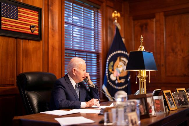 U.S. President Joe Biden speaks with Russia's President Vladimir Putin from his home in Wilmington, Delaware, U.S. December 30, 2021.  Adam Schultz/White House/Handout via REUTERS 