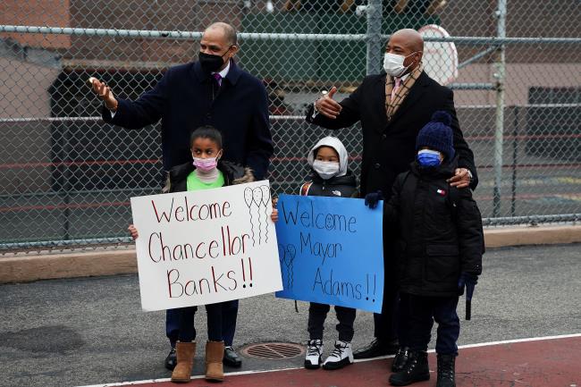 New York City Mayor Eric Adams and New York City School Chancellor David Banks pose for a photo at an event during the coro<em></em>navirus disease (COVID-19) pandemic in the Bronx borough of New York City, New York, U.S., January 3, 2022. REUTERS/Carlo Allegri