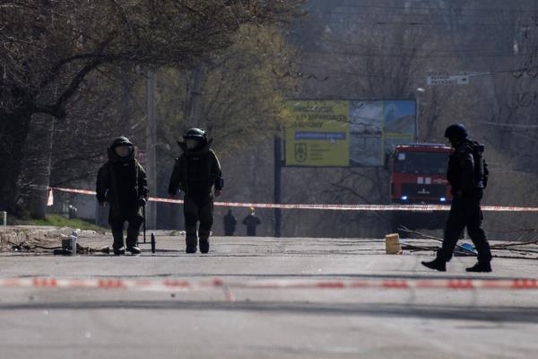 Members of a bomb disposal team co<em></em>nduct a co<em></em>ntrolled explosion of unexploded ordnance, in Kharkiv