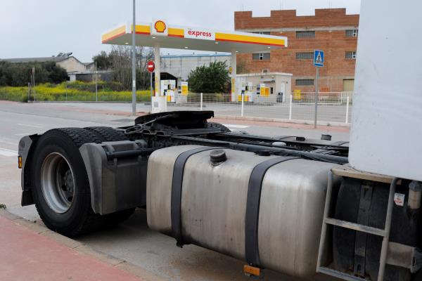 A general view of a truck parked in front of a Shell Express petrol station in Ronda