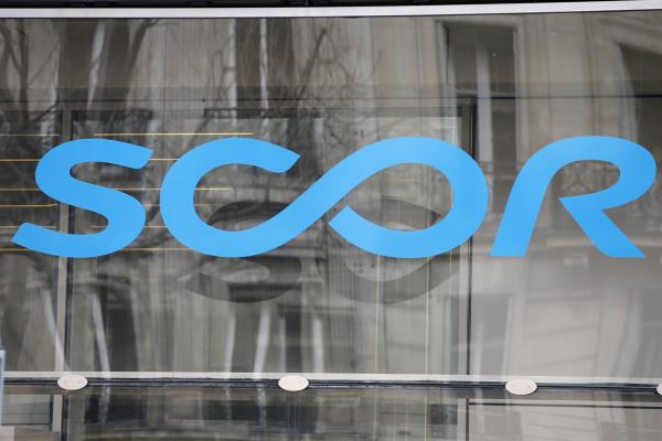 The logo of reinsurance company Scor is seen at its the Paris headquarters