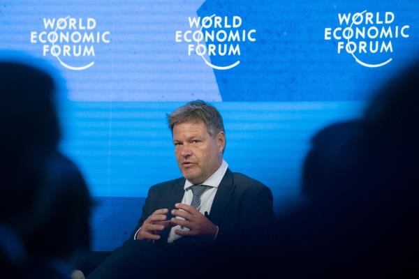 German Eco<em></em>nomic and Climate Protection Minister Habeck speaks during a panel discussion at WEF 2022, in Davos