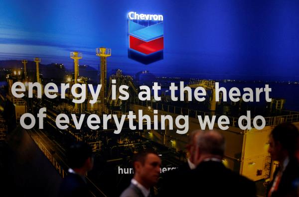 The logo of Chevron Corp is seen in its booth at Gastech, the world's biggest expo for the gas industry, in Chiba