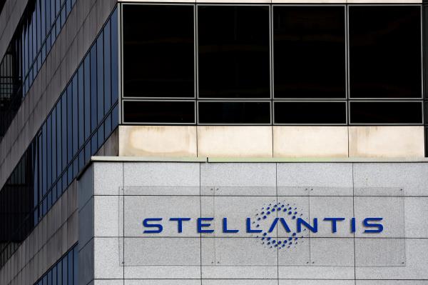 Stellantis logo is seen on the company's headquarters in Poissy near Paris