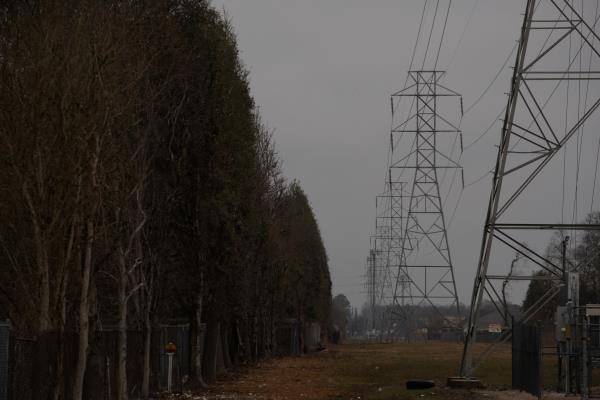 Overhead power lines are seen during record-breaking temperatures in Houston, Texas