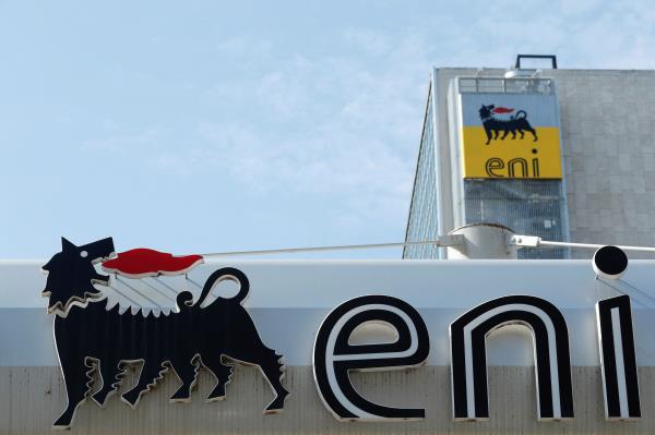 The logo of Italian energy company Eni is seen at a gas station in Rome