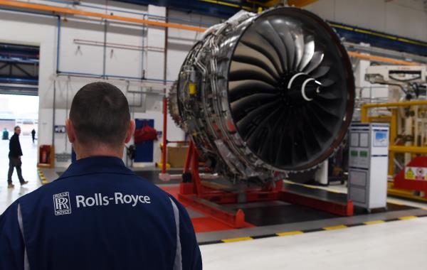 Rolls Royce Trent XWB engines, designed specifically for the Airbus A350 family of aircraft, are seen on the assembly line at the Rolls Royce factory in Derby