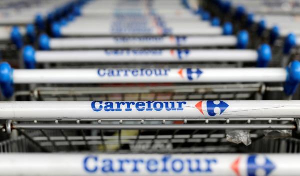 The logo of France-ba<em></em>sed food retailer Carrefour is seen on shopping trolleys in Sao Paulo