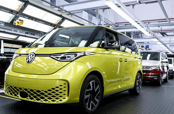 Volkswagen's ID Buzz is pictured in a production line in Hanover