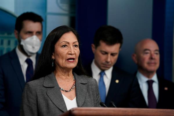 Cabinet members and senior officials speak a<em></em>bout the bipartisan infrastructure law at the White House in Washington