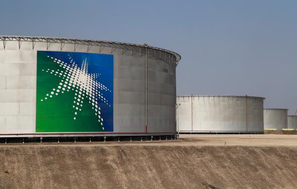 A view shows branded oil tanks at Saudi Aramco oil facility in Abqaiq