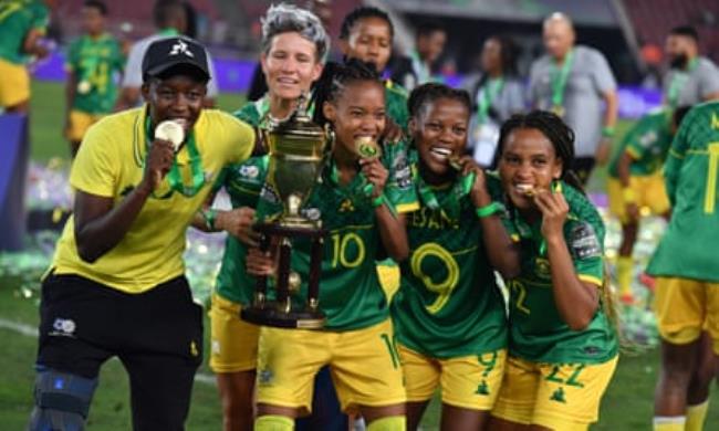 South Africa players celebrate winning the country’s first Women’s Africa Cup of Nations title in 2022