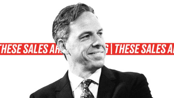 Photo illustrated gif of Jake Tapper with a moving scroll reading, “These sales are thrilling!”