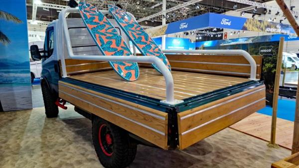 2023 Dusseldorf Caravan Salon - Iveco Daily 4x4 Tigrotto retro pickup, rear, with surfboards