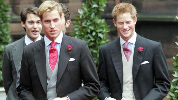 Princes William and Harry at Lady Tamara Grosvenor and Edward van Cutsem's wedding in 2004. Pic: AP