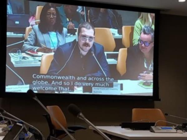 Daniel Munter (CYDA) speaking at Malta's Permanent Mission to the UN side event on developing a Commo<em></em>nwealth Disability Inclusion Action Plan.