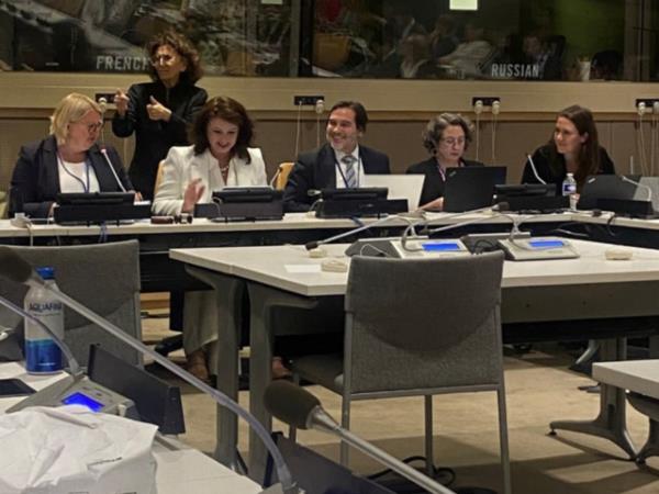 Five panellists from the Strategies for the Rights of Persons with Disabilities are sitting at a table next to each other and smiling. Each panellist has a computer and microphone in front of them.