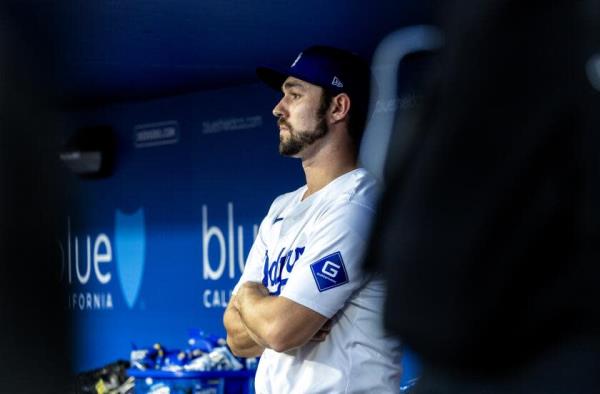 LOS ANGELES, CA - APRIL 14, 2024: Los Angeles Dodgers pitcher J.P. Feyereisen (45) stares out.