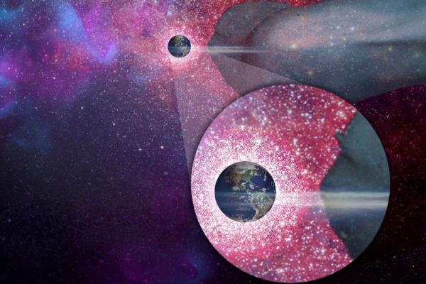 Graphic showing Earth with an inset showing pink and white surrounding the planet, not protected in a bubble.