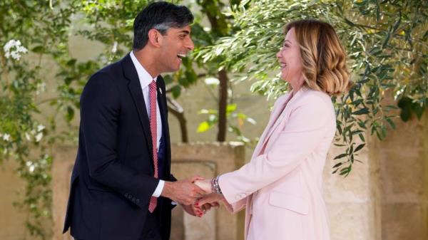 Rishi Sunak is welcomed by Italian Prime Minister Giorgia Meloni during a G7 world leaders summit.
Pic: AP