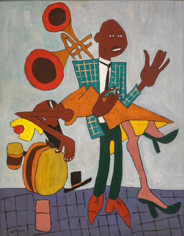 painting of dancers with a man dipping a woman leaning back with one leg in air, with jazz instruments