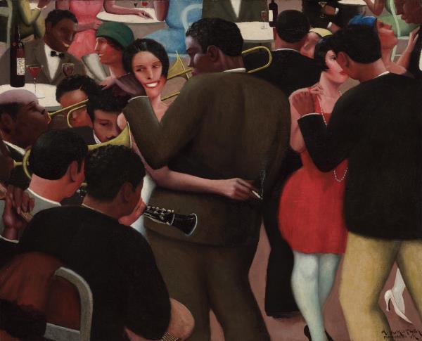 painting of crowded room of people dancing and musicians in a music club