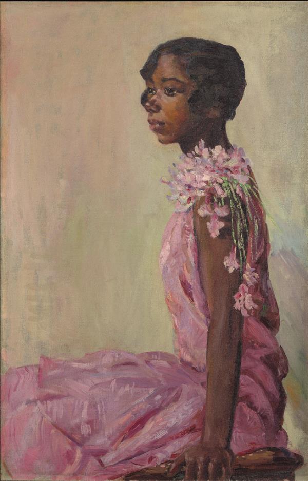 painting of side profile of young woman in elaborate pink dress with flowers over one shoulder