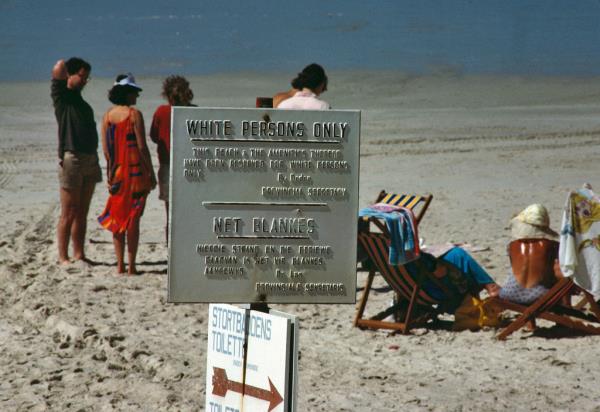A segregated beach at Stranofo<em></em>ntein near Cape Town, South Africa, in 1985. (file)