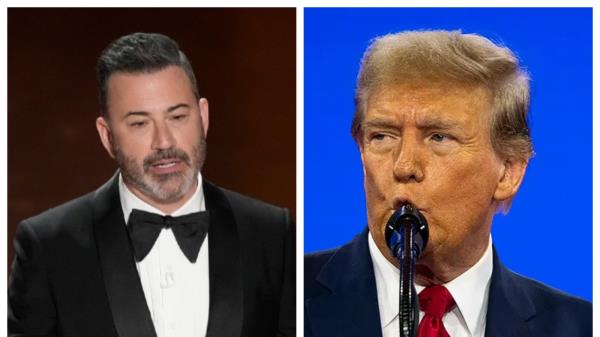 Jimmy Kimmel and former President Trump are seen side-by-side in this composite image.