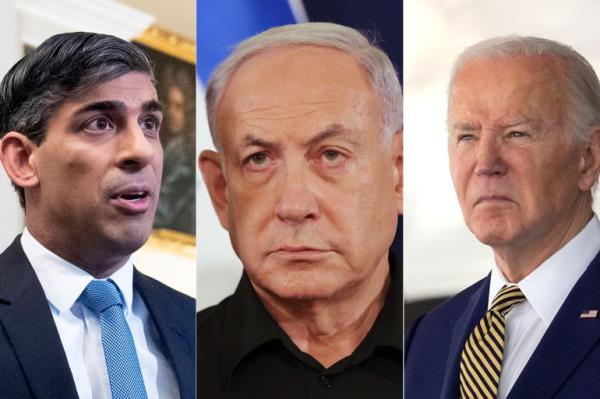 Rishi Sunak, Benyamin Netanyahu and Joe Biden (AP Photo)