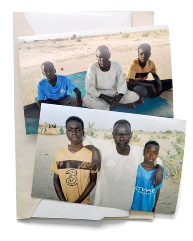 Two photos of a black African man in a white jalabiya robe with two young boys wearing English football shirts 
