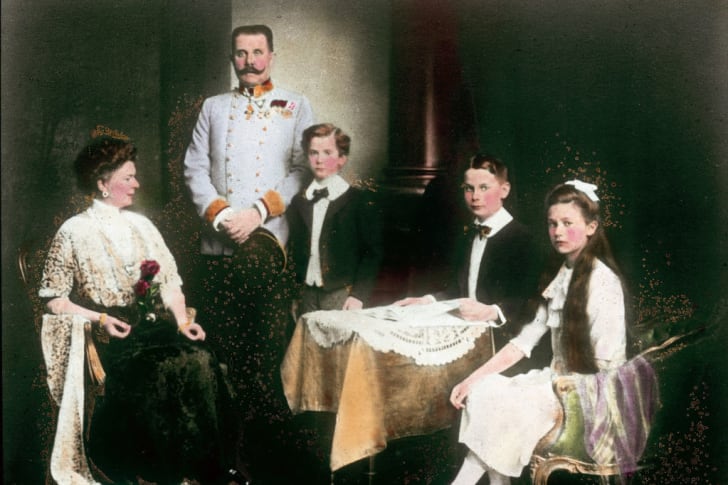 Heir apparent Franz Ferdinand with his family. Vienna. Photograph by Hermann Clemens Kosel. Hand-colored lantern slide. 1913.