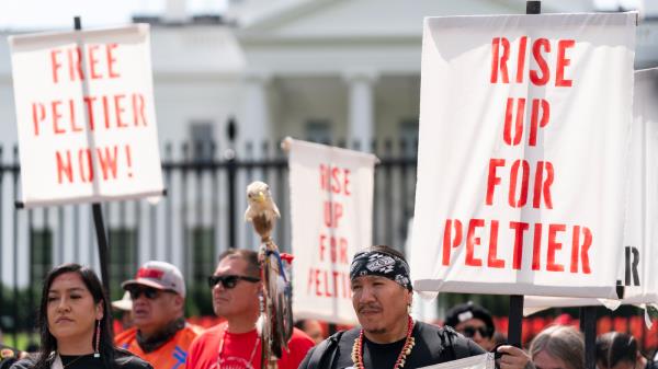 People gather for a rally outside of the White House in support of impriso<em></em>ned Native American activist Leo<em></em>nard Peltier, Tuesday, Sept. 12, 2023, in Washington.