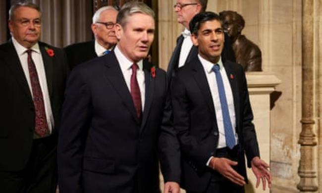 The Labour leader, Sir Keir Starmer (left), walks with prime minister Rishi Sunak during the state opening of parliament ceremony in 2023.
