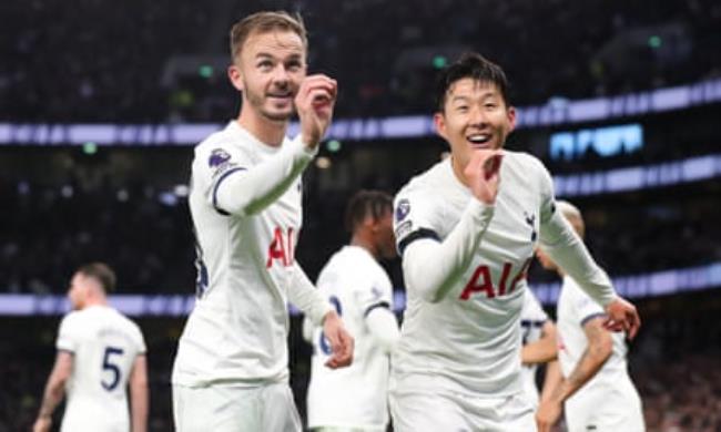 James Maddison celebrates with Son Heung-min after scoring for Spurs in October.