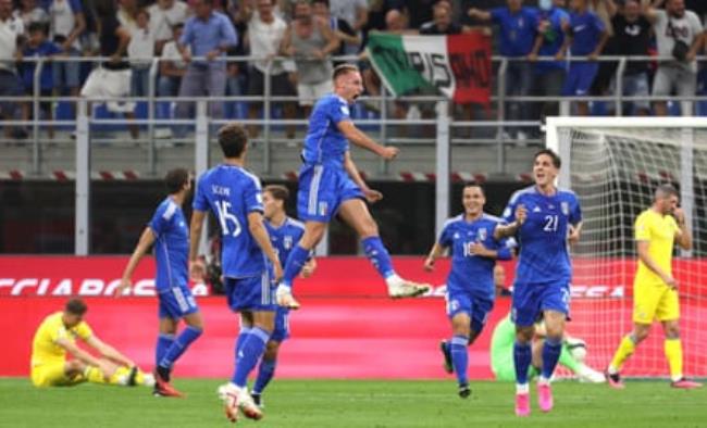 Davide Frattesi (centre) celebrates after scoring the first of his, and Italy’s, two goals in their Euro 2024 qualifier victory over Ukraine in September 2023.