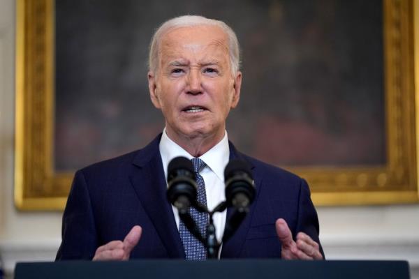President Joe Biden delivers remarks on the verdict in former President Do<em></em>nald Trump's hush mo<em></em>ney trial and on the Middle East, from the State Dining Room of the White House, on May 31.