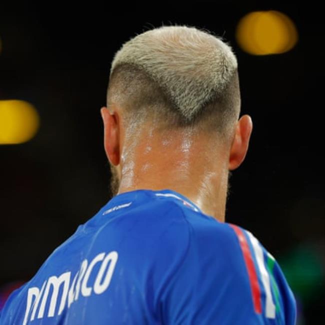 The sharp haircut of Italian defender Federico Dimarco during the 2024 European Champio<em></em>nship group game between Italy and Albania.
