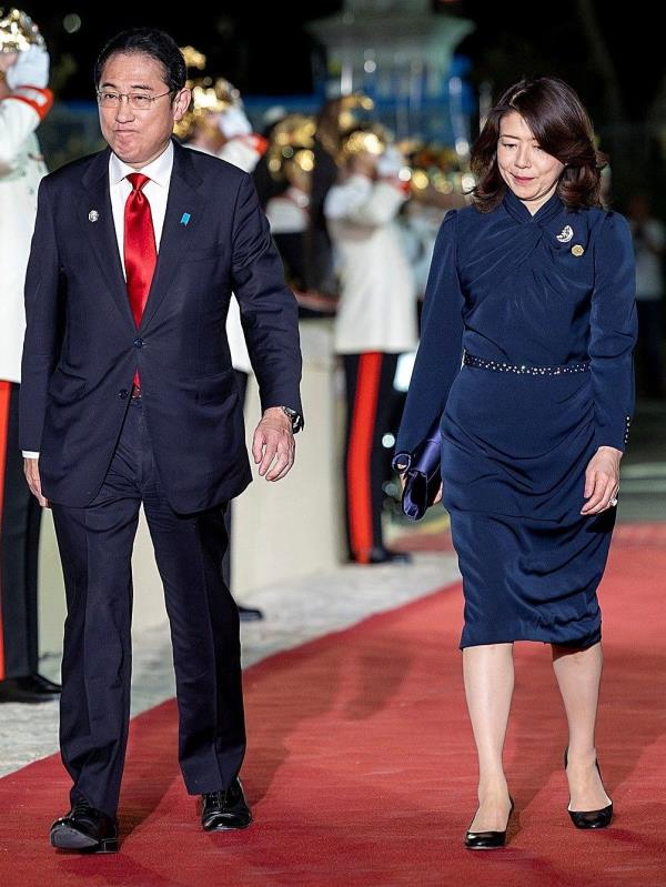 Japanese Prime Minister Fumio Kishida and his wife Yuko Kishida arrive to attend a dinner at Swabian Castle in Brindisi, Italy.