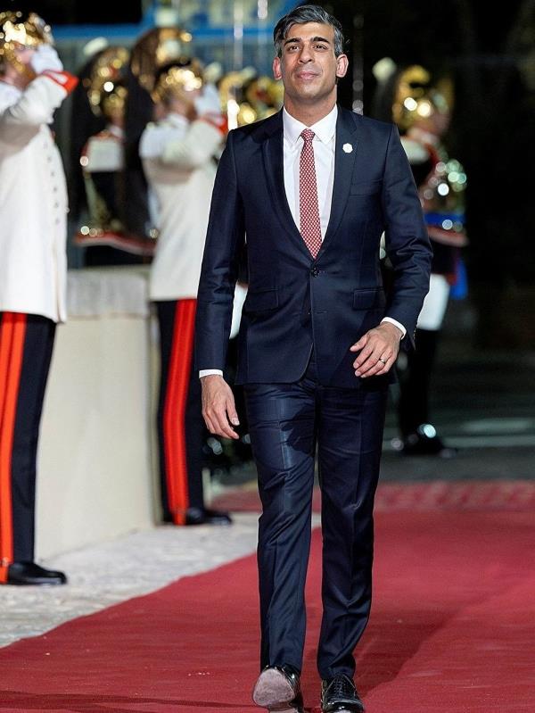 British Prime Minister Rishi Sunak arrives to attend a dinner at Swabian Castle in Brindisi, Italy.